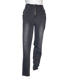 BBJ Women's High Rise Denim Button Fly Side Buttons Acid Wash Skinny Size 7